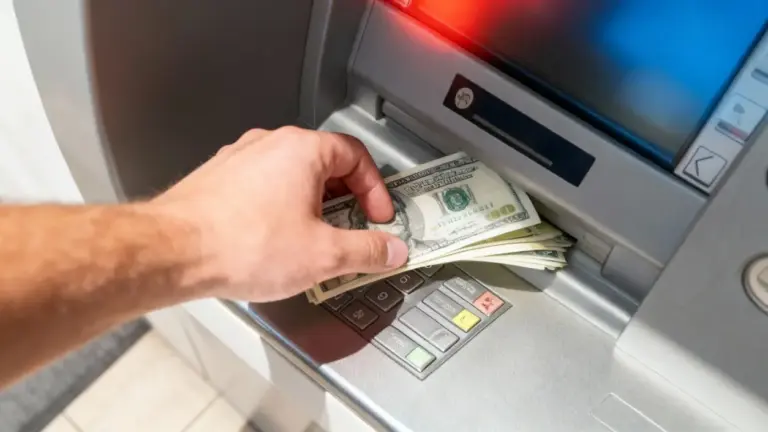 Mano che ritira contanti da uno sportello bancomat