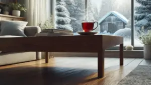 Tazza di tè caldo su tavolino vicino a finestra con condensa e vista invernale