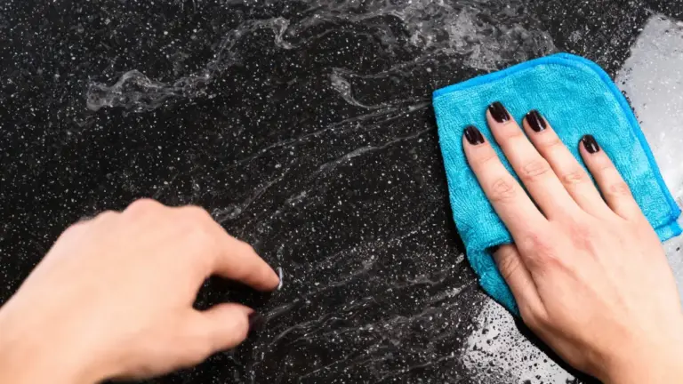 Mani che puliscono una superficie nera con un panno in microfibra azzurro