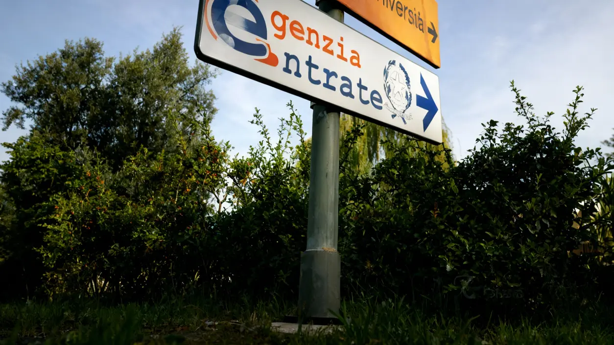 Cartello stradale con indicazione verso l'Agenzia delle Entrate circondato da vegetazione