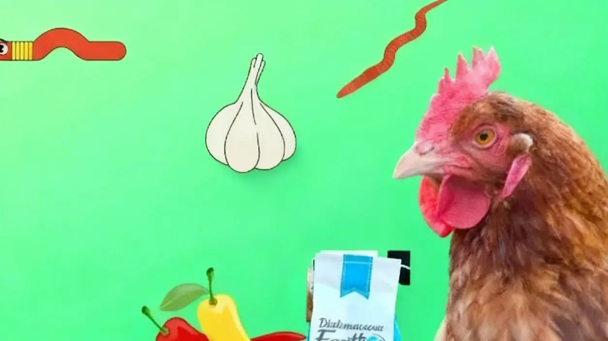 Gallina accanto a rimedi naturali come aglio, peperoncini e terra di diatomee su sfondo verde