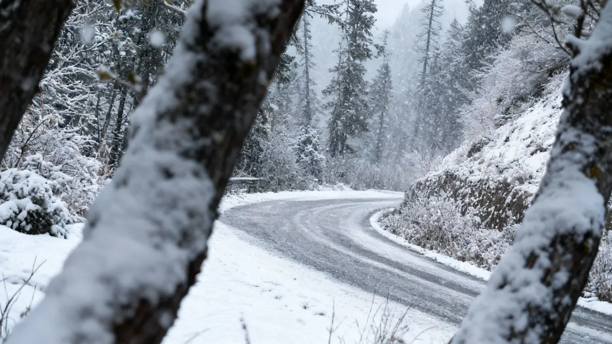 Strada di montagna coperta di neve tra alberi e paesaggio invernale