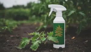 Flacone spray con etichetta di foglia vicino a pianta danneggiata in un orto