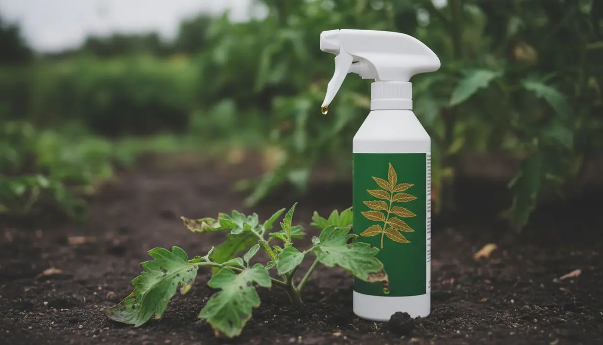 Flacone spray con etichetta di foglia vicino a pianta danneggiata in un orto