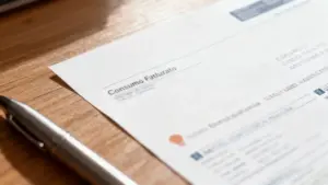 Dettaglio di una bolletta energetica appoggiata su un tavolo con penna a lato