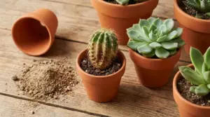 Piante grasse in vasi di terracotta, una delle quali mostra segni di marciume alla base