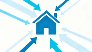 Icona stilizzata di una casa blu con frecce che puntano verso di essa su sfondo bianco