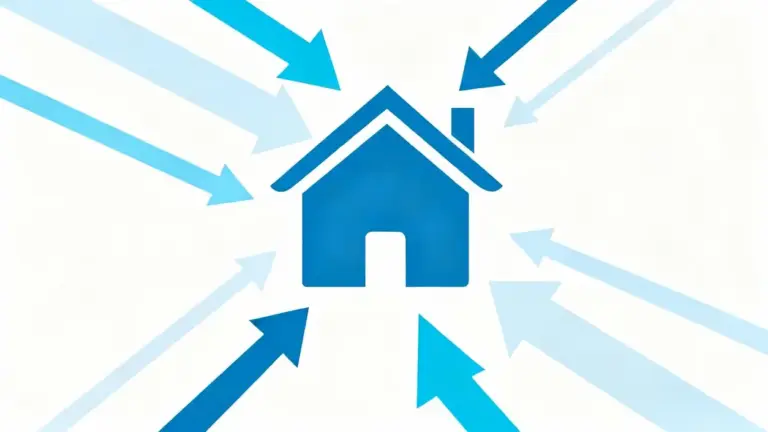 Icona stilizzata di una casa blu con frecce che puntano verso di essa su sfondo bianco