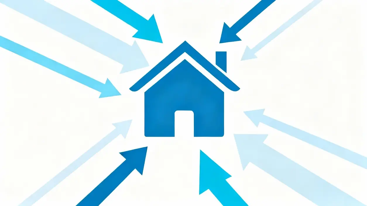 Icona stilizzata di una casa blu con frecce che puntano verso di essa su sfondo bianco