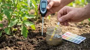 Test del pH del terreno con strisce reattive e misuratore elettronico vicino a piante coltivate