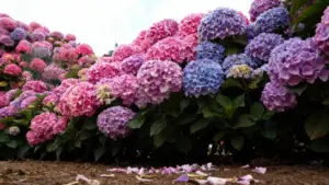 Fioritura abbondante di ortensie rosa, viola e blu in un giardino