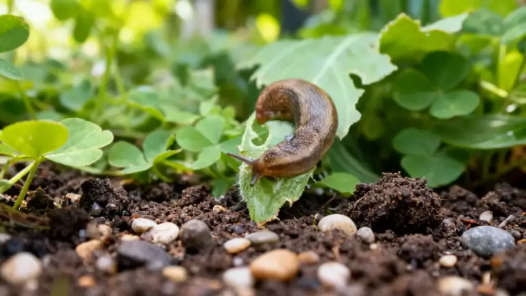 Lumaca su una foglia danneggiata in un giardino