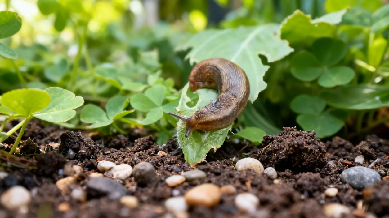 Lumaca su una foglia danneggiata in un giardino