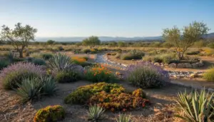 Giardino con piante resistenti alla siccità come agavi, lavanda e arbusti in ambiente arido.