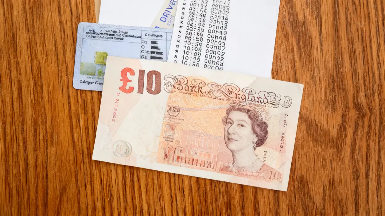 Banconota da dieci sterline accanto a una patente di guida su un tavolo in legno