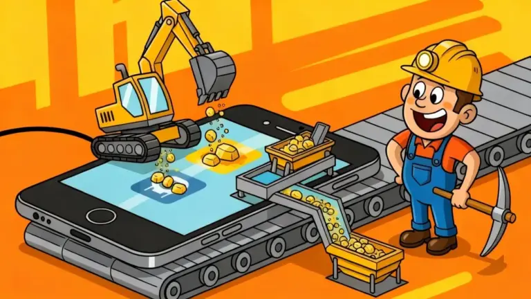 Illustrazione di un piccolo escavatore che estrae oro da uno smartphone con un operatore sorridente