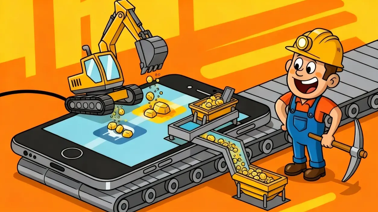 Illustrazione di un piccolo escavatore che estrae oro da uno smartphone con un operatore sorridente