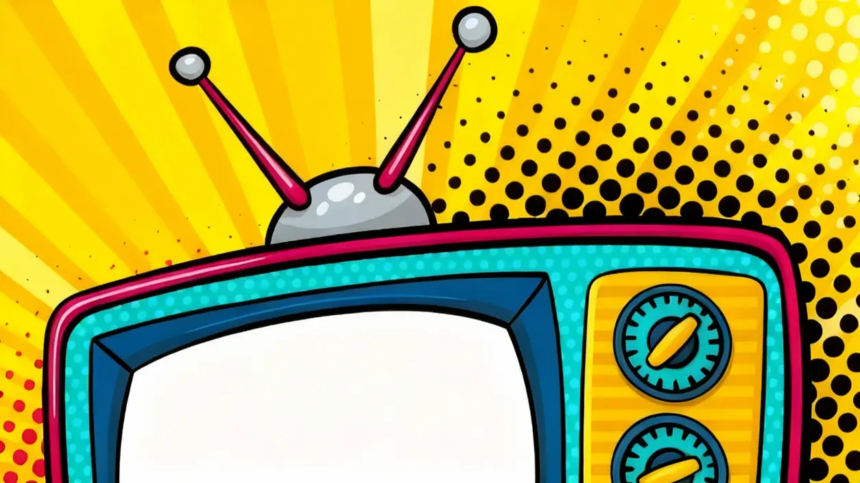 Illustrazione stilizzata di un televisore vintage su sfondo giallo con effetto pop art.