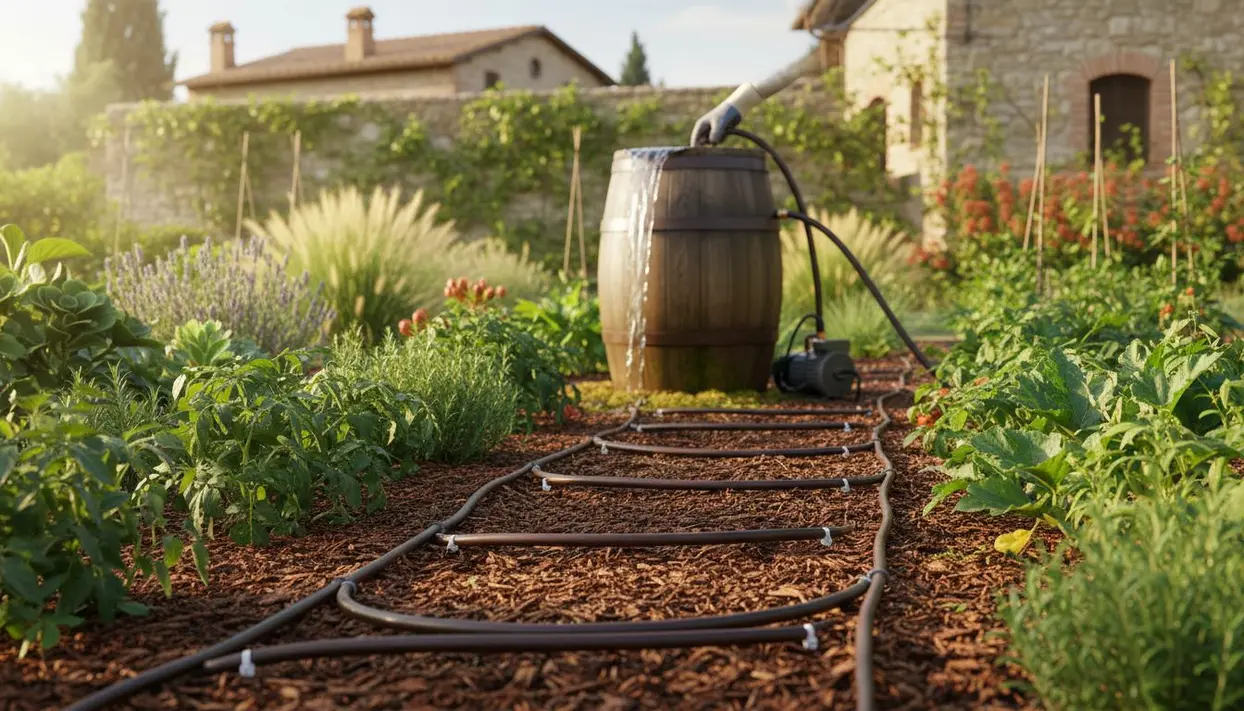 Sistema di irrigazione a goccia in un orto domestico con barile per la raccolta dell'acqua