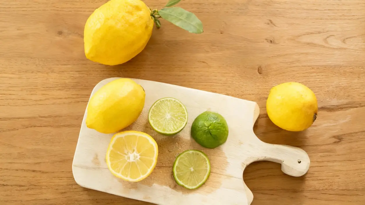 Limoni e lime freschi interi e tagliati su un tagliere di legno