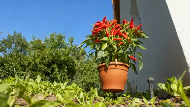 Pianta di peperoncini rossi in vaso appesa su un balcone soleggiato