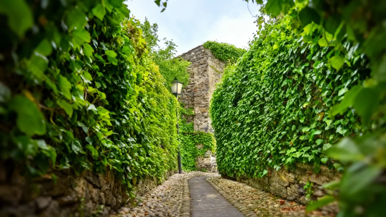 Sentiero tra muri di edera verde con una casa in pietra sullo sfondo