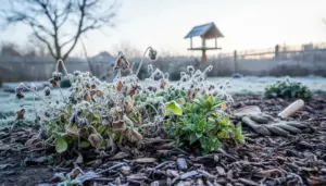 Piante annuali appassite ricoperte di brina in un giardino durante l'inverno