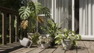 Vasi con piante da interno su un terrazzo esposti alla luce del sole
