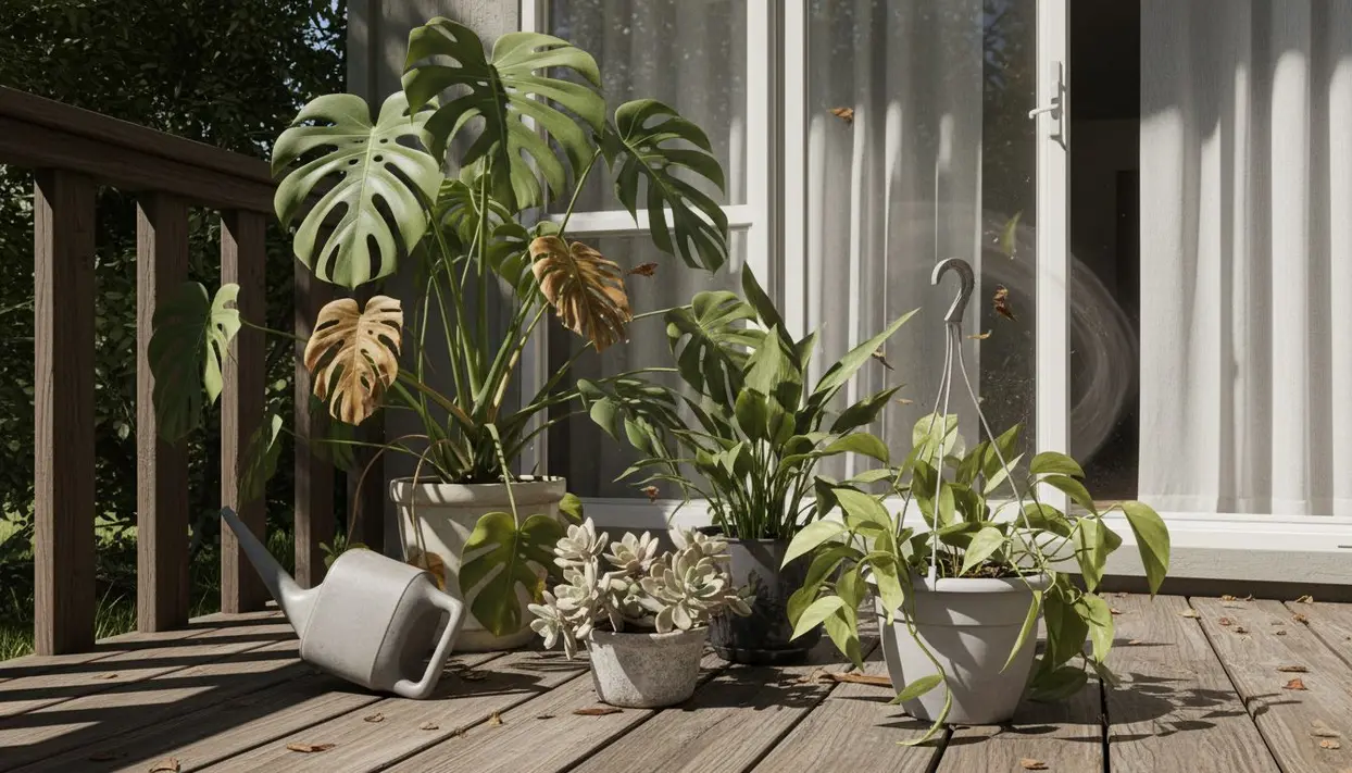 Vasi con piante da interno su un terrazzo esposti alla luce del sole