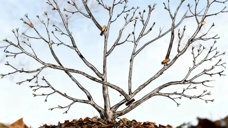 Ramo potatura invernale con segni di taglio su albero spoglio