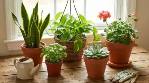Diverse piante da appartamento in vaso su un tavolo di legno vicino a una finestra