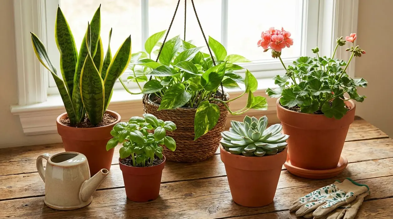 Diverse piante da appartamento in vaso su un tavolo di legno vicino a una finestra