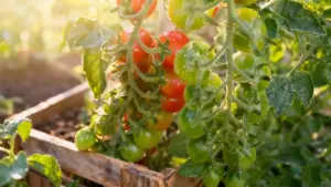 Pomodori maturi e acerbi su una pianta in un orto soleggiato