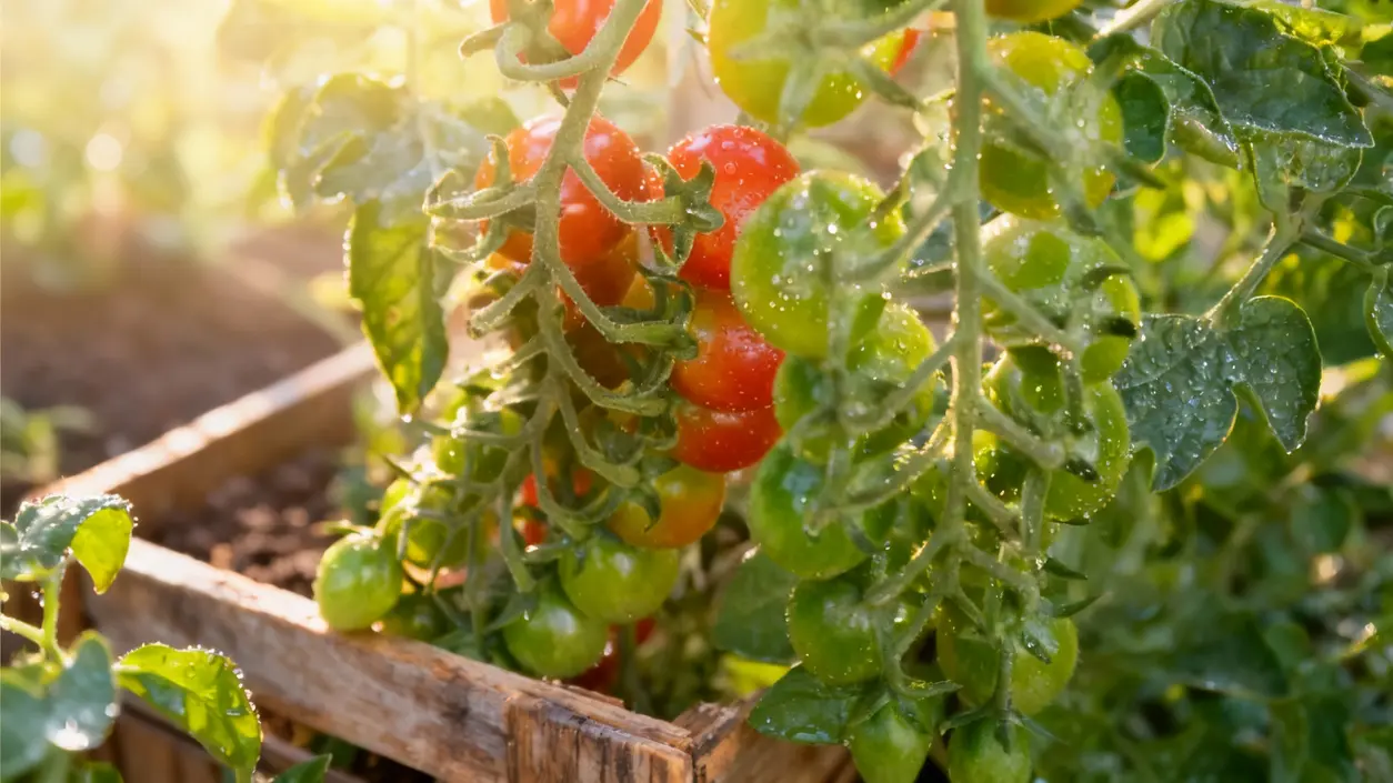 Pomodori maturi e acerbi su una pianta in un orto soleggiato