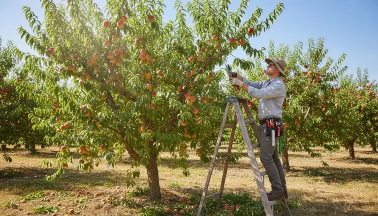 Persona su scala mentre pota un albero da frutto in un frutteto soleggiato