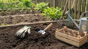 Attrezzi da giardinaggio su un terreno preparato per le semine primaverili