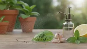 Foglia con afidi neri, ingredienti naturali e spruzzino su un tavolo in giardino