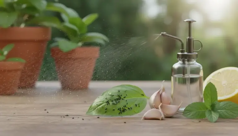 Foglia con afidi neri, ingredienti naturali e spruzzino su un tavolo in giardino