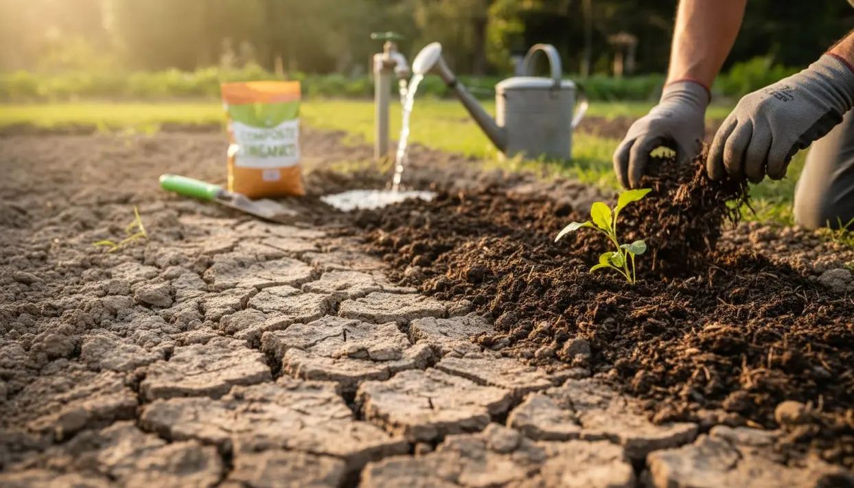 Mani con guanti sistemano il terreno secco del giardino piantando una giovane piantina