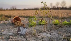 Piante appassite in un terreno secco e spaccato, con un vaso rovesciato e una paletta da giardinaggio