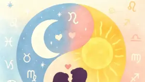 Illustrazione con simboli zodiacali, luna e sole, e due persone che si guardano
