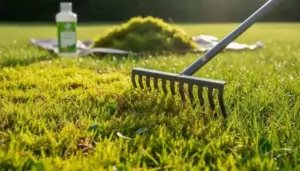 Rastrello utilizzato per rimuovere il muschio da un prato verde