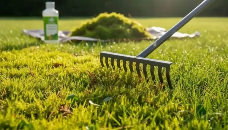 Rastrello utilizzato per rimuovere il muschio da un prato verde