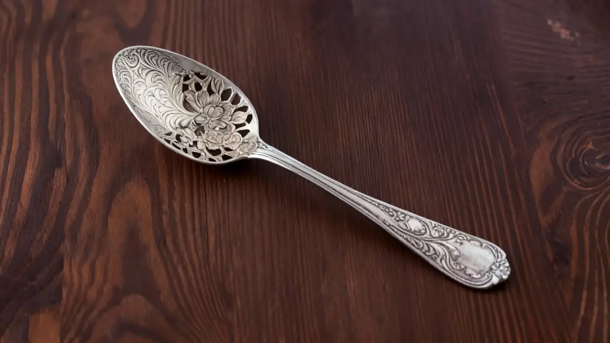 Cucchiaio d'argento antico decorato su superficie di legno scuro