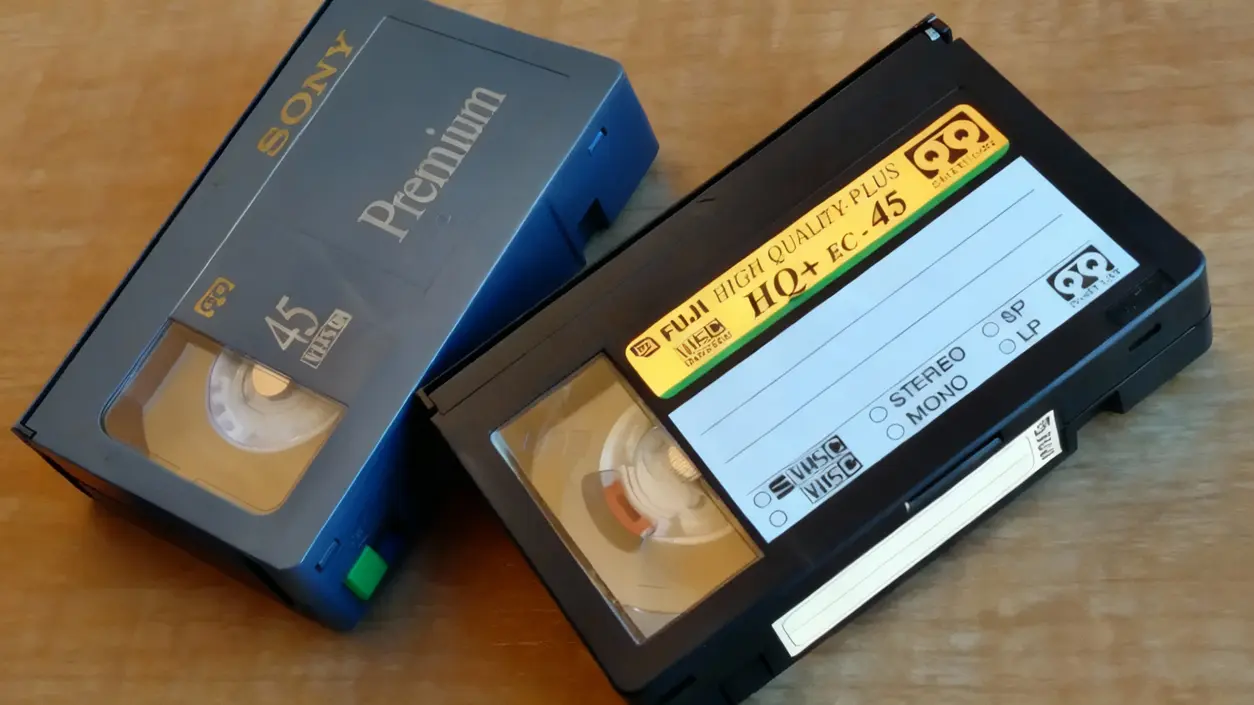 Due videocassette vintage MiniDV su un tavolo di legno