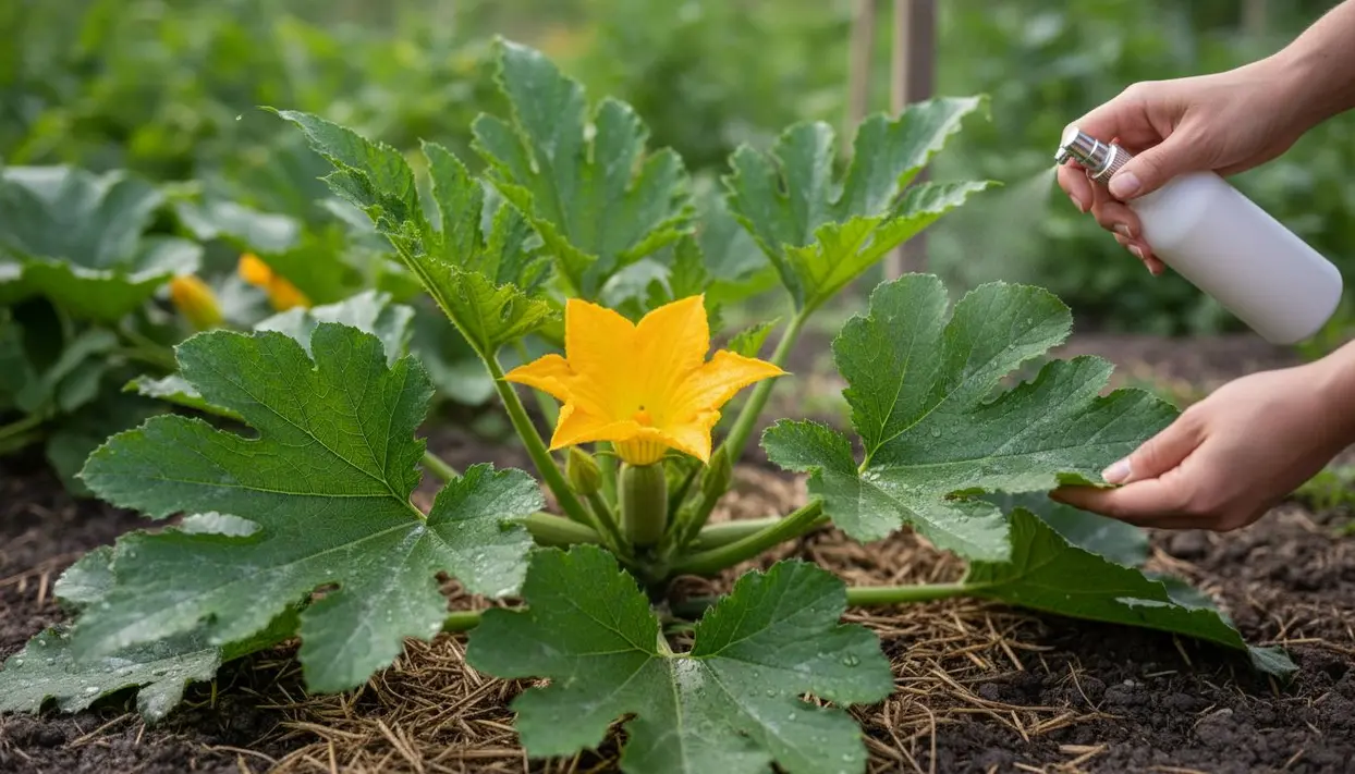 Pianta di zucchina con fiore giallo trattata con spray preventivo sulle foglie